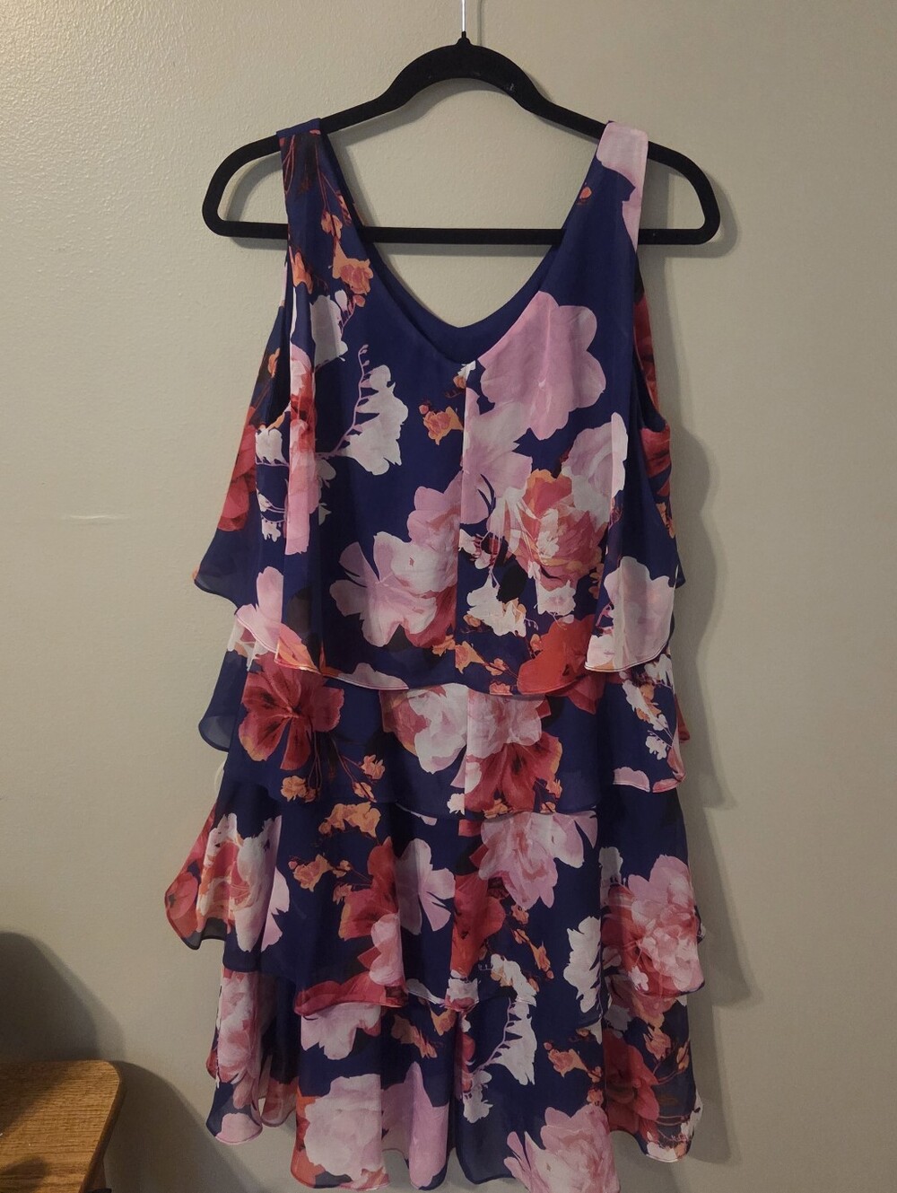 SLNY Blue Multicolor Ruffle Sleeveless Party Dinner Evening Dress Sz 16 Zip - Picture 2 of 6